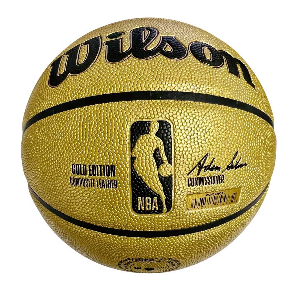 The Basketball Hall of Fame x Wilson Basketball Gold features the NBA logo, Gold Edition Composite Leather text, and the commissioner's signature—a must-have for any Basketball Hall of Fame enthusiast.