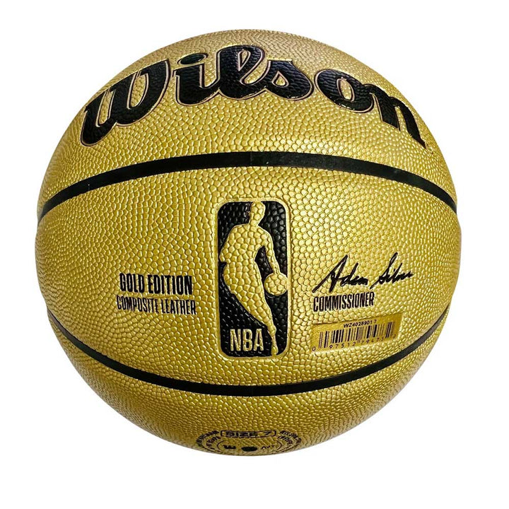 The Basketball Hall of Fame x Wilson Basketball Gold features the NBA logo, Gold Edition Composite Leather text, and the commissioner's signature—a must-have for any Basketball Hall of Fame enthusiast.