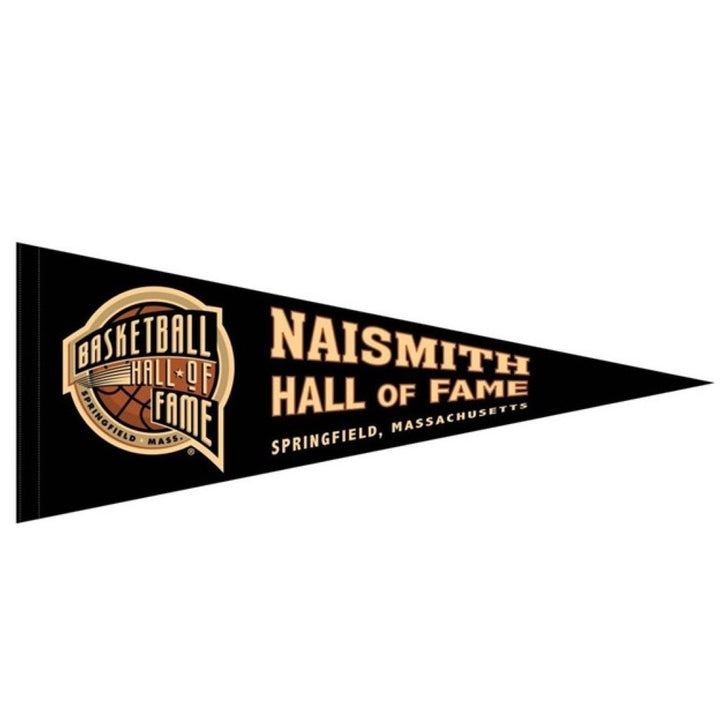 The Classic Basketball Hall of Fame Pennant displays the Naismith Hall of Fame logo and "NAISMITH HALL OF FAME, SPRINGFIELD, MASSACHUSETTS" in gold and white—an ideal piece of basketball memorabilia for any fan.