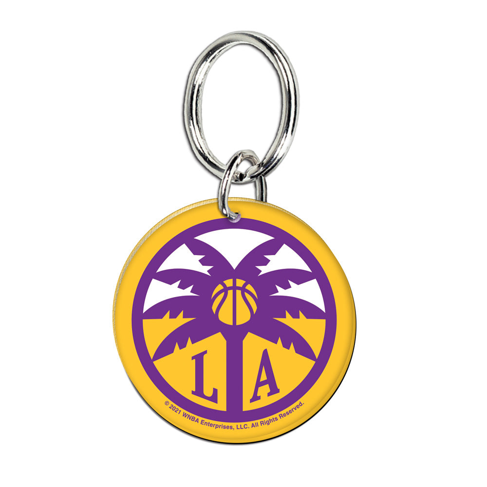 Show off your team spirit with this WNBA Keychain featuring the Los Angeles Sparks’ yellow and purple design with a basketball, palm trees, and LA letters—perfect for fans or as a Staples Center keepsake.