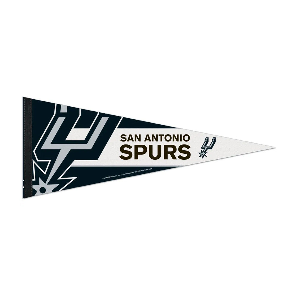 An NBA Premium Felt Pennant showcasing the San Antonio Spurs logo and text on a black and white background.