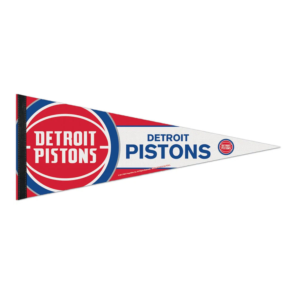 A NBA Premium Felt Pennant showcasing the Detroit Pistons logo and team name in red, white, and blue on a white background.