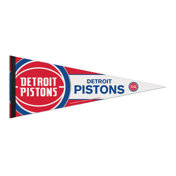 A NBA Premium Felt Pennant showcasing the Detroit Pistons logo and team name in red, white, and blue on a white background.