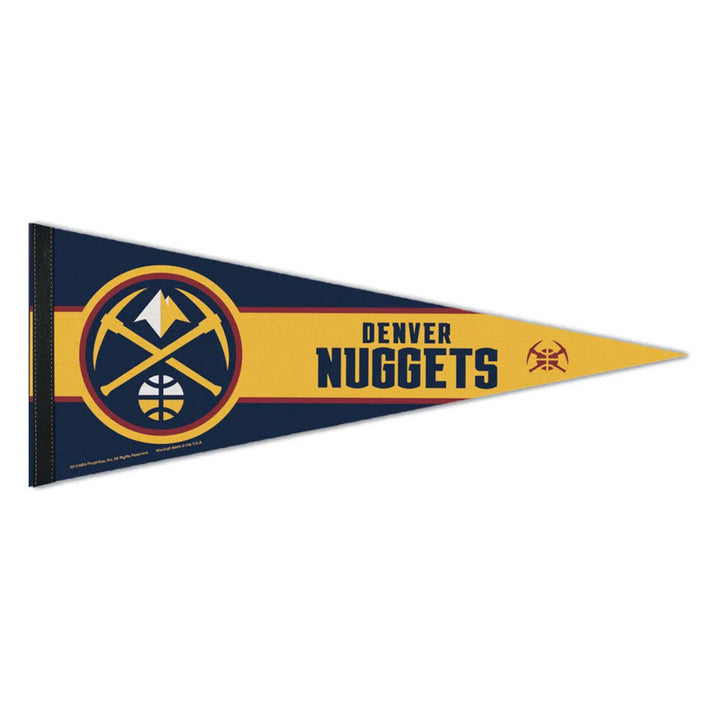 NBA Premium Felt Pennant showcasing the Denver Nuggets team logo on the left, "Denver Nuggets" text in the center, and team colors of navy blue, gold, and white, with a circular basketball and mountain design.