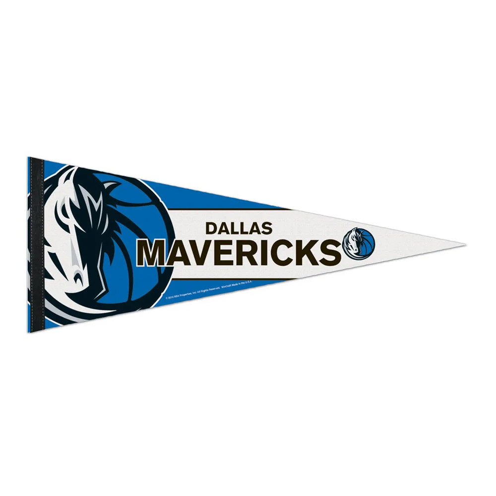 The NBA Premium Felt Pennant showcases the Dallas Mavericks logo—a stylized horse head—along with the words "Dallas Mavericks" in bold letters on a blue, black, and white background.