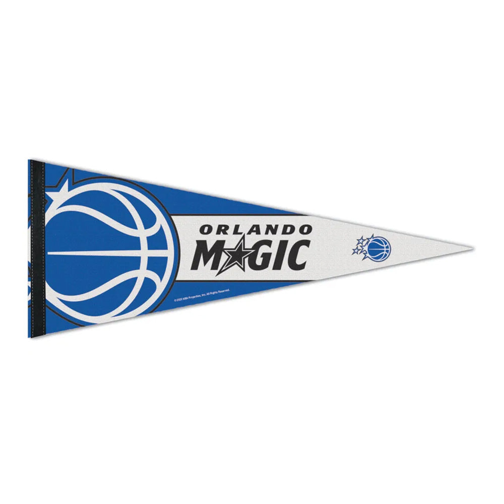 A blue and white NBA Premium Felt Pennant featuring the Orlando Magic team name, logo, and a stylized basketball with a star trail on the left side.