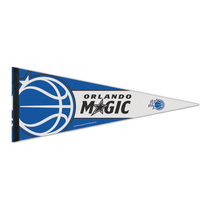 A blue and white NBA Premium Felt Pennant featuring the Orlando Magic team name, logo, and a stylized basketball with a star trail on the left side.