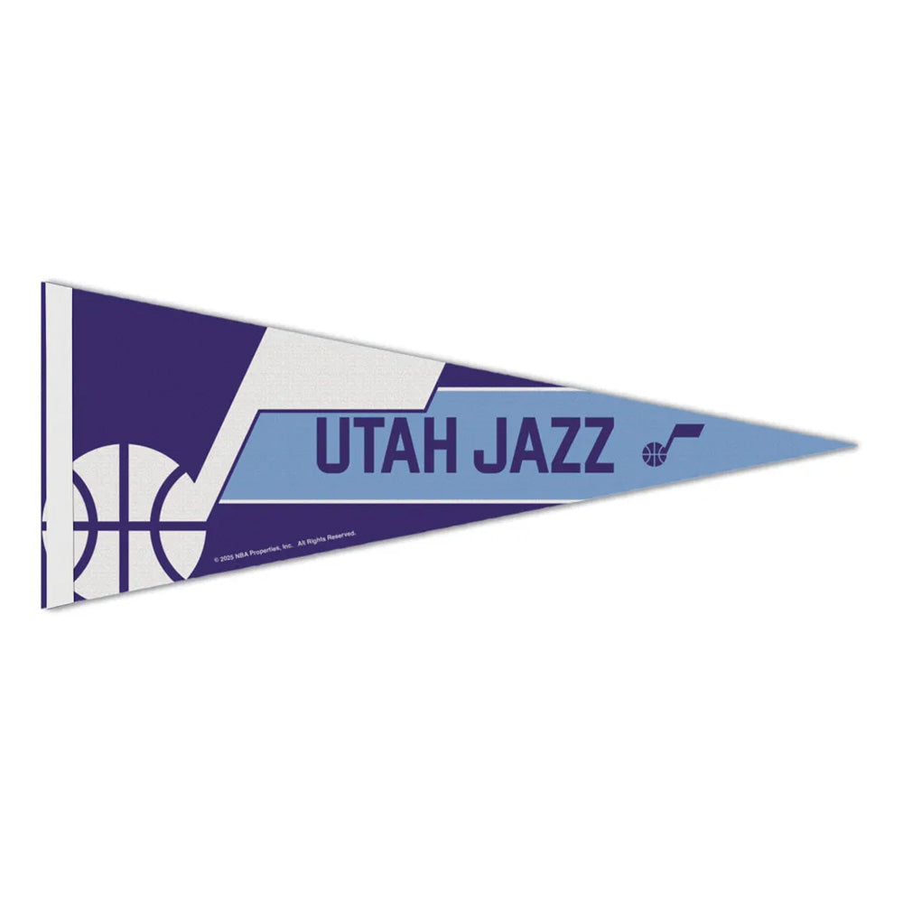 A blue and white NBA Premium Felt Pennant featuring the Utah Jazz name, the team’s logo, and a basketball motif on the left side.