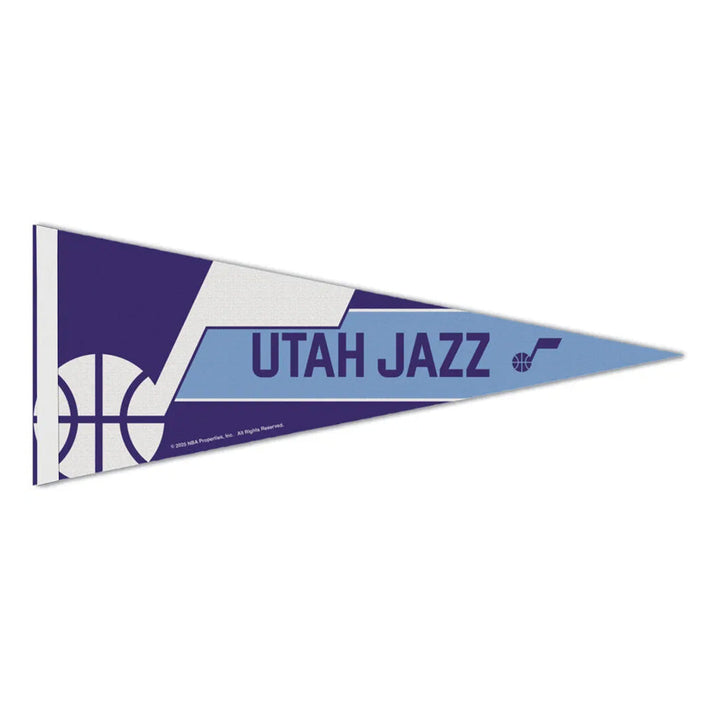 A blue and white NBA Premium Felt Pennant featuring the Utah Jazz name, the team’s logo, and a basketball motif on the left side.