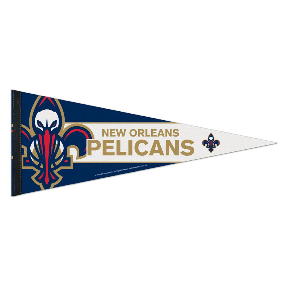 NBA Premium Felt Pennant featuring the New Orleans Pelicans’ logo in navy, gold, and red colors, with “New Orleans Pelicans” text printed in gold and white on the pennant.