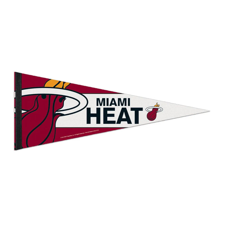 The NBA Premium Felt Pennant is a triangular banner showcasing the Miami Heat logo and "Miami Heat" lettering on a white background with striking red and black accents.