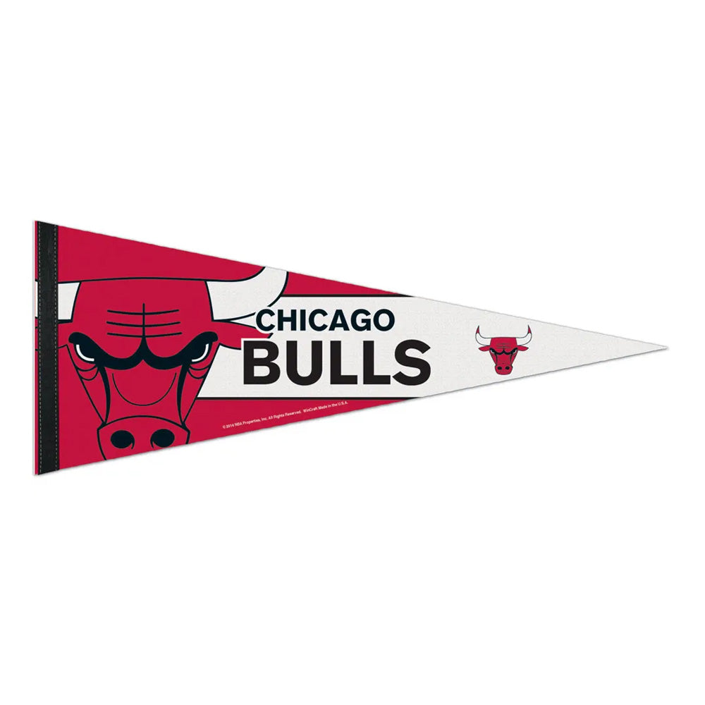 An NBA Premium Felt Pennant featuring the Chicago Bulls’ bull logo on the left, “CHICAGO BULLS” in black lettering on a red and white background, and a smaller bull logo on the right side.