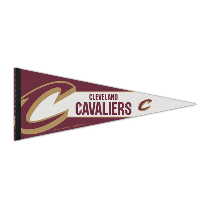The NBA Premium Felt Pennant showcases the Cleveland Cavaliers logo and team name in gold and white on a maroon background, with a smaller logo accenting the pointed end. Officially licensed, this pennant is an ideal addition to any sports memorabilia collection.