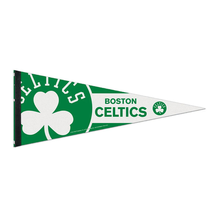 A green and white NBA Premium Felt Pennant featuring a large shamrock and the words “Boston Celtics,” with the team logo displayed on the right tip.