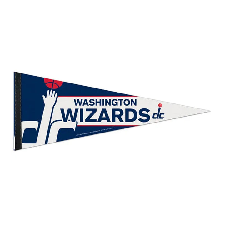The NBA Premium Felt Pennant showcases the Washington Wizards logo, team name, and signature colors of blue, white, and red on a triangular design, featuring a stylized hand reaching for a basketball.