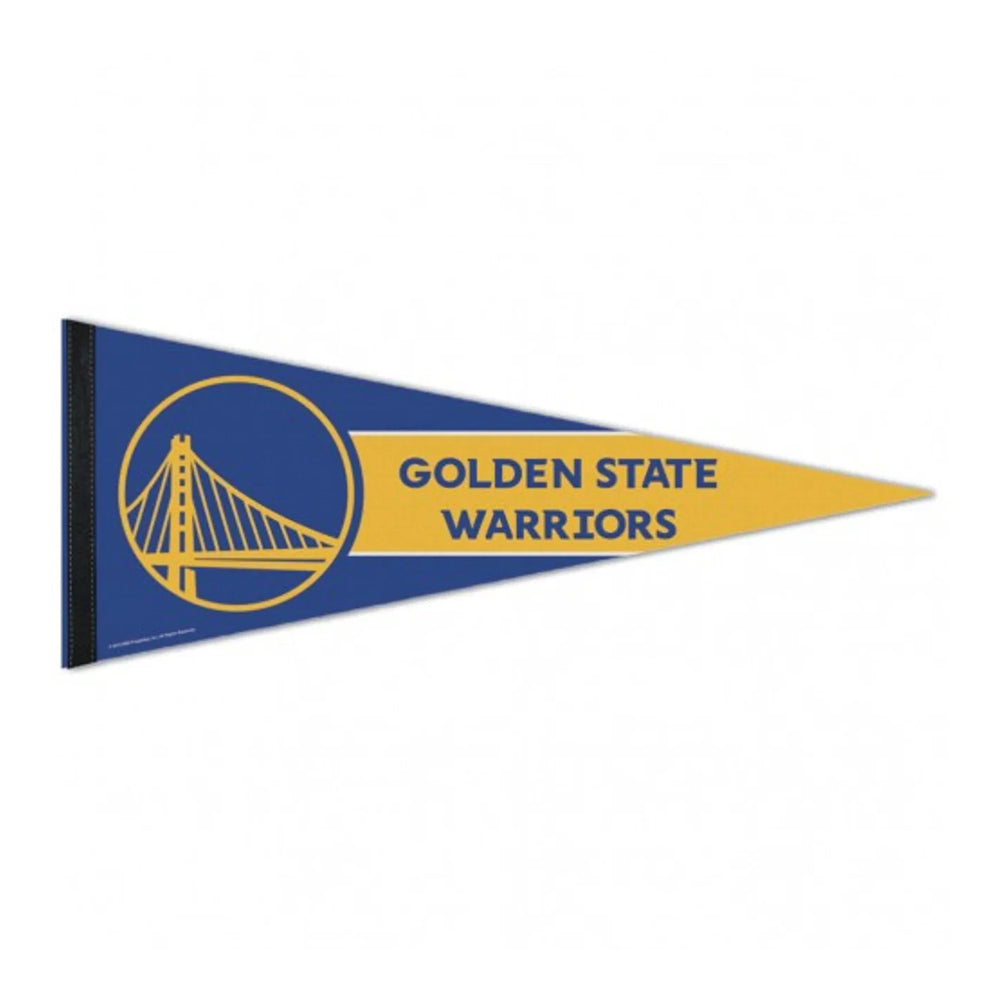 NBA Premium Felt Pennant in blue and yellow, featuring the Golden State Warriors bridge logo on the left and "Golden State Warriors" text on the right.