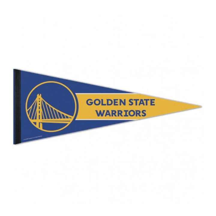 NBA Premium Felt Pennant in blue and yellow, featuring the Golden State Warriors bridge logo on the left and "Golden State Warriors" text on the right.