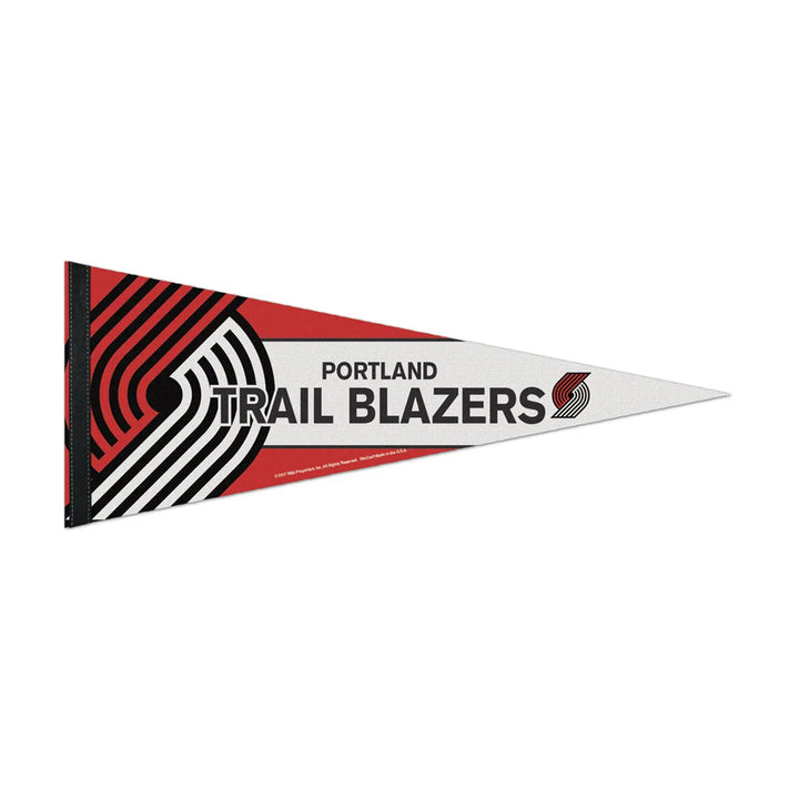 The NBA Premium Felt Pennant showcases the Portland Trail Blazers logo and team name in black and red on a white and red background.