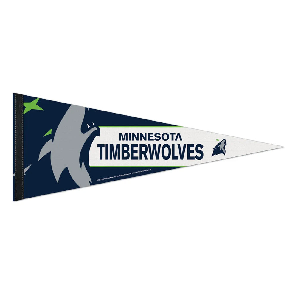 An NBA Premium Felt Pennant showcasing the Minnesota Timberwolves logo, in dark blue and white, with bold “MINNESOTA TIMBERWOLVES” text.