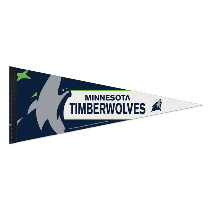 An NBA Premium Felt Pennant showcasing the Minnesota Timberwolves logo, in dark blue and white, with bold “MINNESOTA TIMBERWOLVES” text.