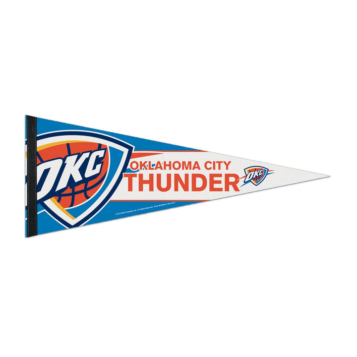Sure! Here’s the rewritten sentence: NBA Premium Felt Pennant featuring a blue and white triangular design with the Oklahoma City Thunder basketball team logo and "Oklahoma City Thunder" text in orange and white.