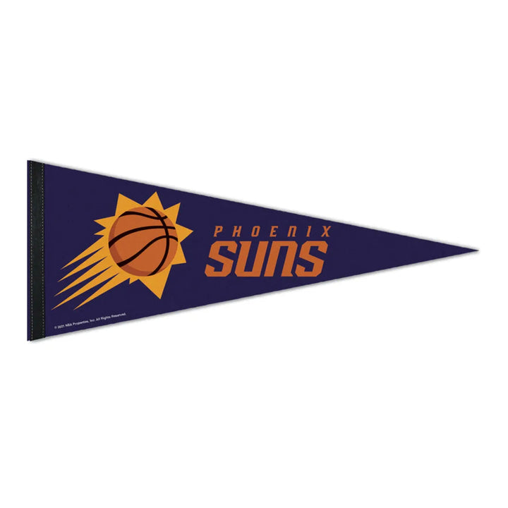 A NBA Premium Felt Pennant in dark blue, showcasing the Phoenix Suns logo—a basketball with rays—and the words "PHOENIX SUNS" in bold orange text.