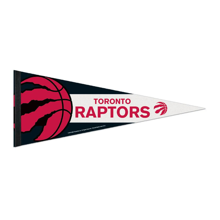 Introducing the NBA Premium Felt Pennant, featuring the Toronto Raptors logo and text with a bold stylized red basketball claw mark on the left, and "Toronto Raptors" in striking letters against a sleek white and black backdrop.