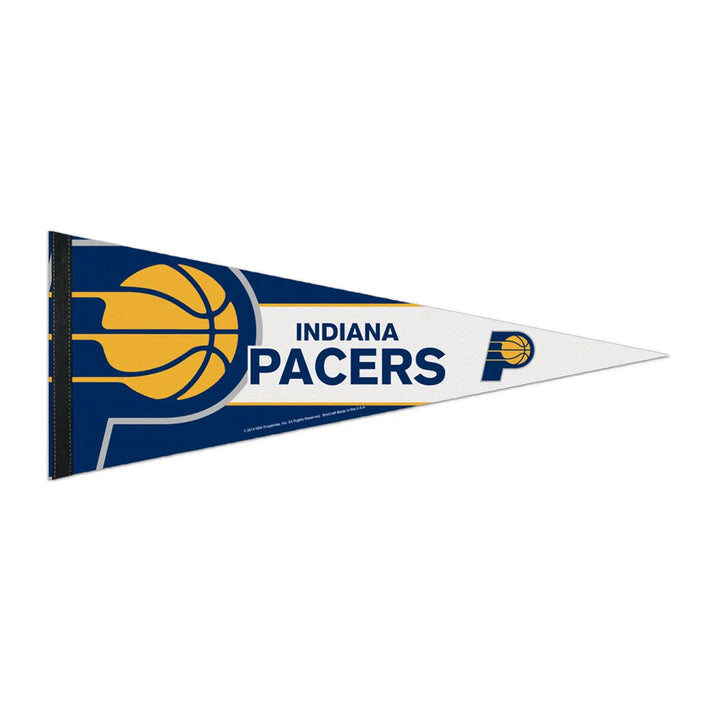 The NBA Premium Felt Pennant showcases a triangular design with the Indiana Pacers logo and name in a blue, yellow, and white color scheme.