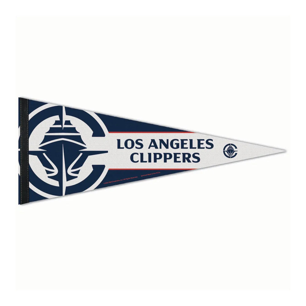 The NBA Premium Felt Pennant showcases the Los Angeles Clippers logo and text in a striking navy, white, and red color scheme with a classic triangular design.