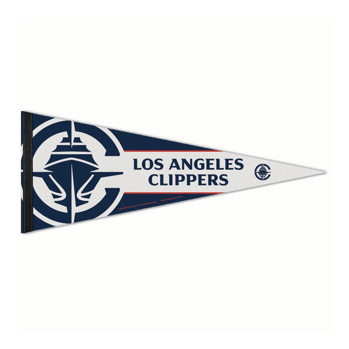 The NBA Premium Felt Pennant showcases the Los Angeles Clippers logo and text in a striking navy, white, and red color scheme with a classic triangular design.