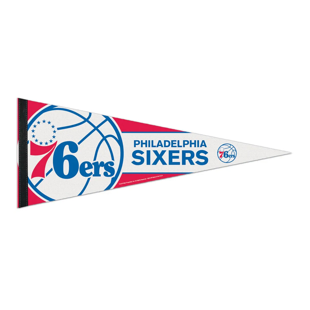 The NBA Premium Felt Pennant showcases the Philadelphia 76ers logo, a stylized basketball, and "Philadelphia Sixers" text set against a bold red, white, and blue background in a classic triangular design.