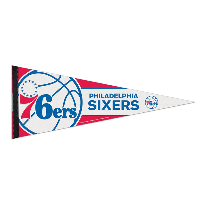 The NBA Premium Felt Pennant showcases the Philadelphia 76ers logo, a stylized basketball, and "Philadelphia Sixers" text set against a bold red, white, and blue background in a classic triangular design.