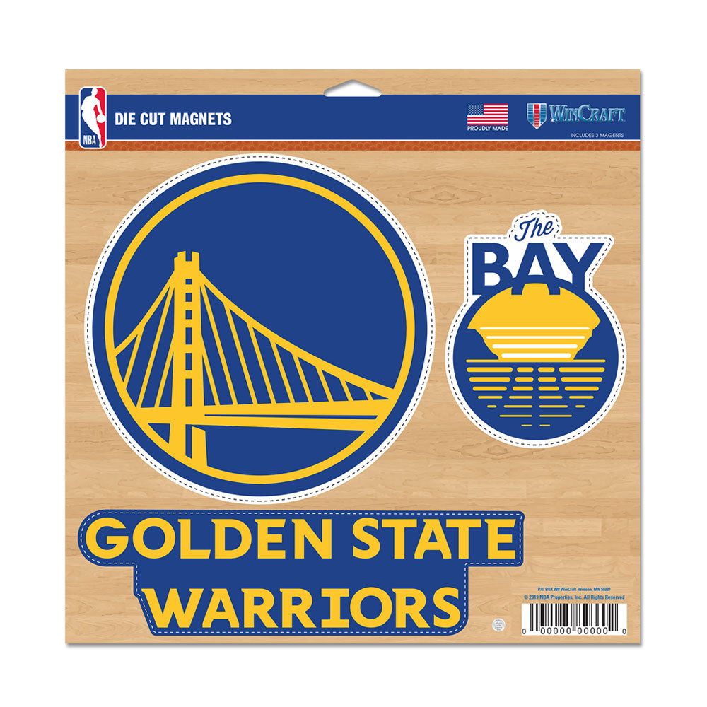 Display your team pride with the NBA Golden State Warriors Magnet Set, featuring the logo, GOLDEN STATE WARRIORS text, and a circular The Bay design with a stylized bridge on a wood-patterned background.