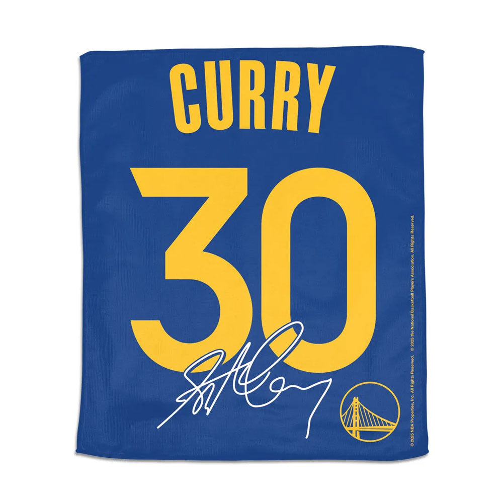 The NBA Golden State Warriors Steph Curry Rally Towel is blue with Curry’s name and number 30 in yellow, a white printed signature, and the Warriors logo in the corner.