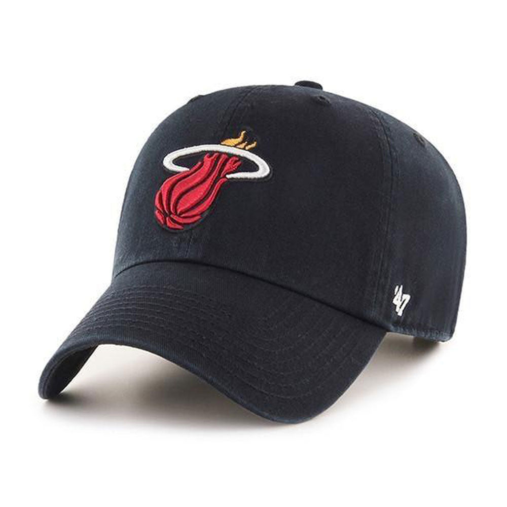 The Miami Heat 47 Clean Up Cap is a black cotton twill hat with the team’s flaming basketball logo on the front, a white "47" logo on the side, and an adjustable strapback for comfort.