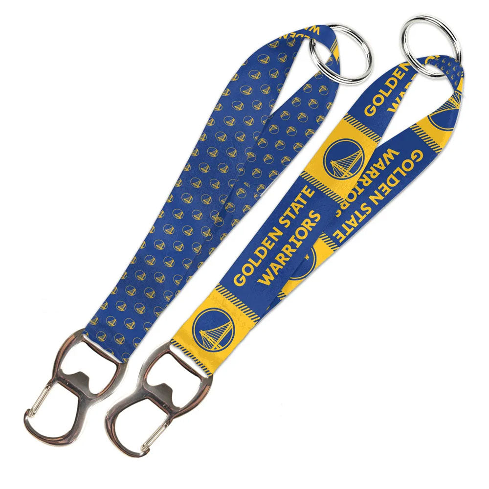 Two NBA Golden State Warriors Keystrap Bottle Opener keychains are shown—one with a blue strap featuring small team logos, the other blue and yellow with larger logos and "Golden State Warriors" text.