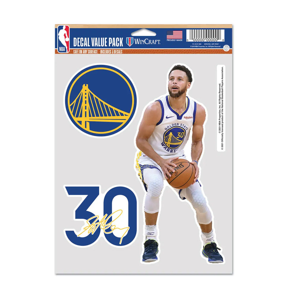The NBA Golden State Warriors Stephen Curry Sticker Pack features team-themed decals, including Curry’s signature and jersey number, the Warriors logo, and a player dribbling in a white uniform—a must-have for NBA fans.