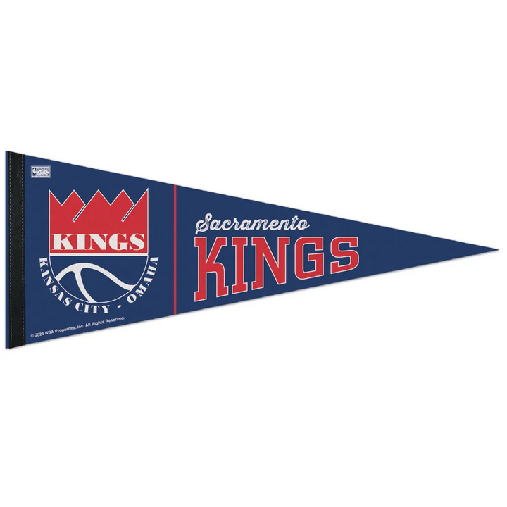 Introducing the NBA Premium Felt Pennant—a blue Sacramento Kings pennant crafted from classic wool and featuring the distinctive red crown logo, bold KINGS text, and “Kansas City • Omaha” alongside “Sacramento Kings” in crisp white and red lettering. This officially licensed collectible is a must-have addition to any fan's collection.