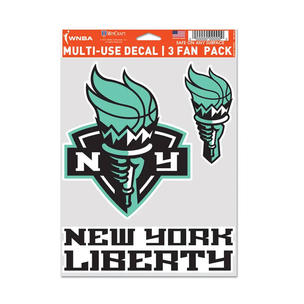 Show your New York Liberty pride with this WNBA Sticker pack featuring teal and black torch logos in two sizes plus bold NEW YORK LIBERTY text—perfect for any fan or as part of your WNBA collection.