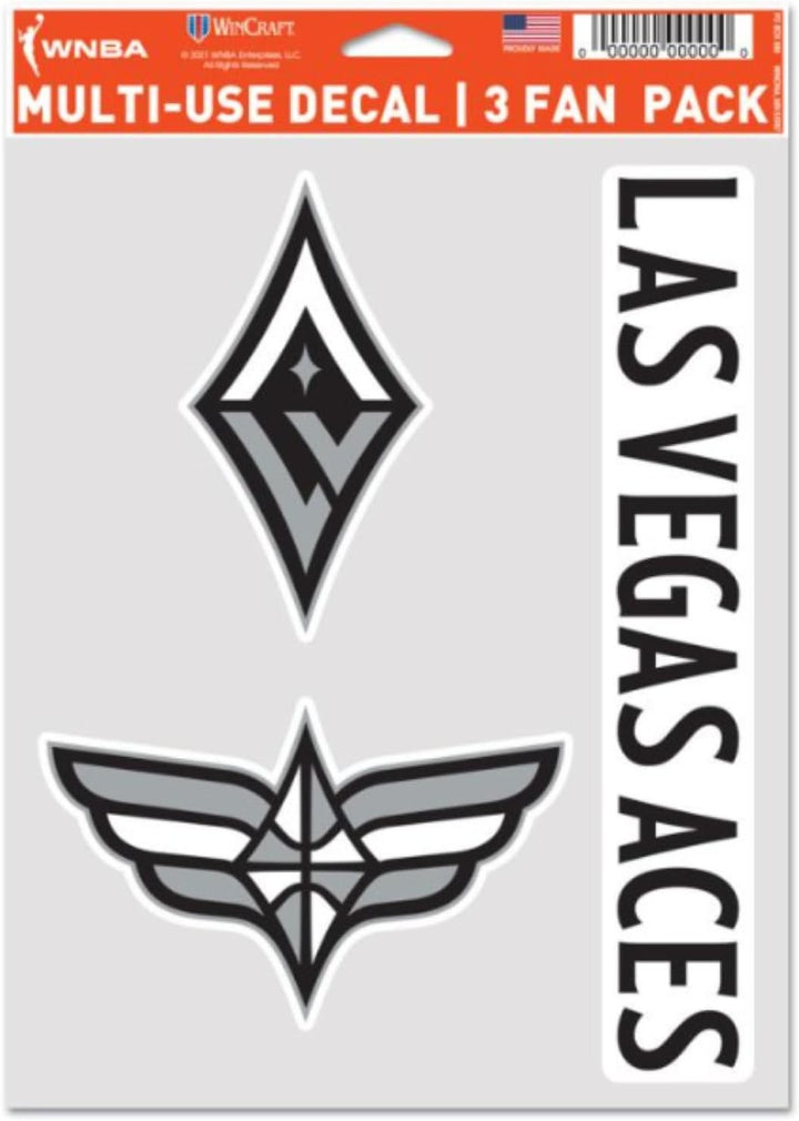 The WNBA Sticker includes three Las Vegas Aces decals: the diamond logo, wings logo, and a vertical LAS VEGAS ACES strip—ideal for any multi-use fan decal collection or WNBA fan pack.