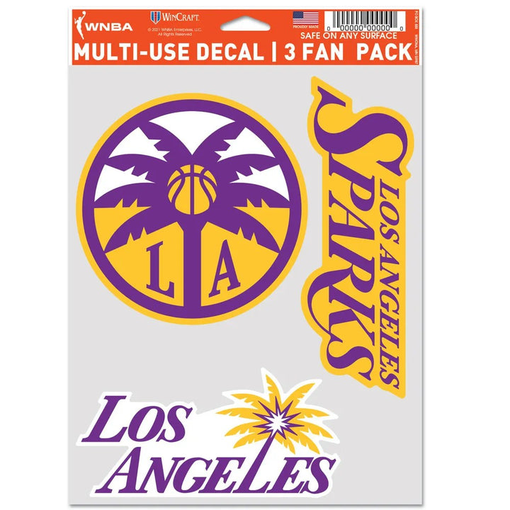 The WNBA Sticker features Los Angeles Sparks logos in purple and yellow, palm trees, a basketball, and “Los Angeles Sparks”—a great multi-use decal for any WNBA fan pack.
