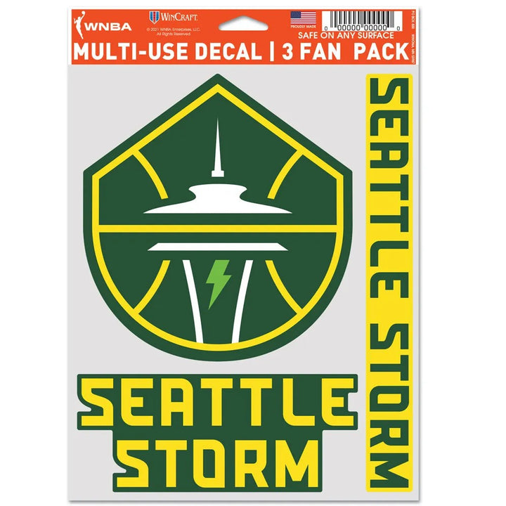 Seattle Storm WNBA Sticker with green and yellow basketball logo, Space Needle, lightning bolt, and SEATTLE STORM text—great for fans and collectors, and pairs perfectly with New York Liberty decals.