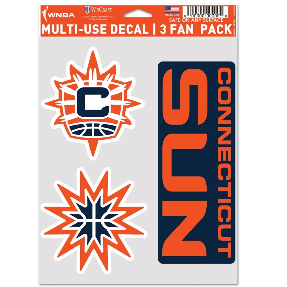 The WNBA Sticker sheet includes two stylized Connecticut Sun sunburst basketball logos and a bold CONNECTICUT SUN rectangle decal—an essential for any fan pack.