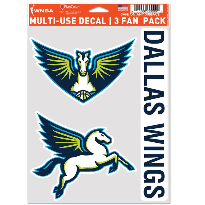 The WNBA Sticker features two Dallas Wings winged horse logos and a bold vertical DALLAS WINGS sticker—an ideal addition to any fan pack.