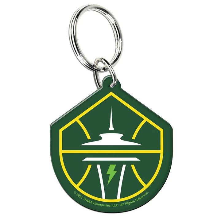 The WNBA Keychain, featuring the Seattle Storm logo with a yellow basketball outline, Space Needle, and green lightning bolt, is the perfect accessory for any basketball fan—pair it with your Los Angeles Sparks keychain.