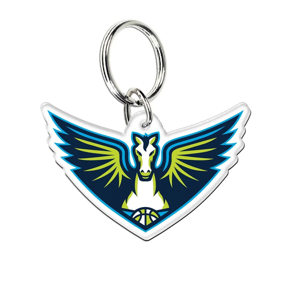 Show your team spirit with this WNBA Keychain, featuring a stylized winged horse in white, blue, and yellow above a basketball—an ideal accessory for Los Angeles Sparks fans.
