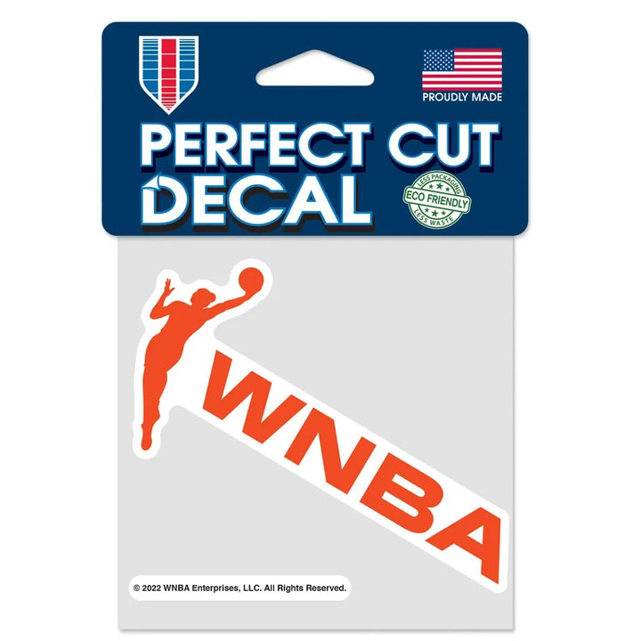 The WNBA Sticker features an orange basketball player silhouette dunking beside bold orange WNBA letters on white, with packaging showing flags, an eco-friendly label, and Proudly Made text—a must-have for any WNBA fan pack.