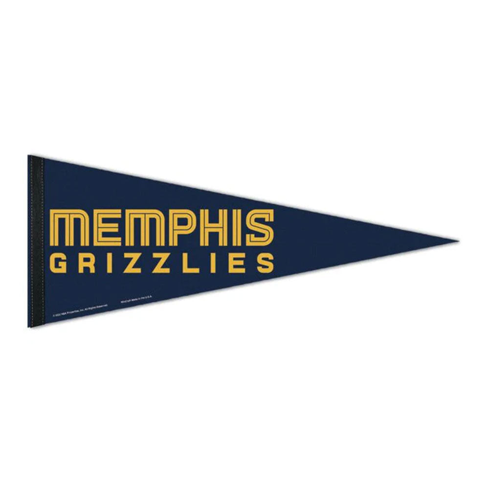 Show your team spirit with the NBA Premium Felt Pennant, featuring a navy blue triangular design and "MEMPHIS GRIZZLIES" in bold yellow and white block letters. Officially licensed, this pennant is the perfect piece of sports memorabilia for any dedicated fan.