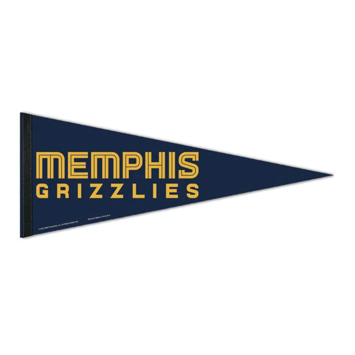Show your team spirit with the NBA Premium Felt Pennant, featuring a navy blue triangular design and "MEMPHIS GRIZZLIES" in bold yellow and white block letters. Officially licensed, this pennant is the perfect piece of sports memorabilia for any dedicated fan.