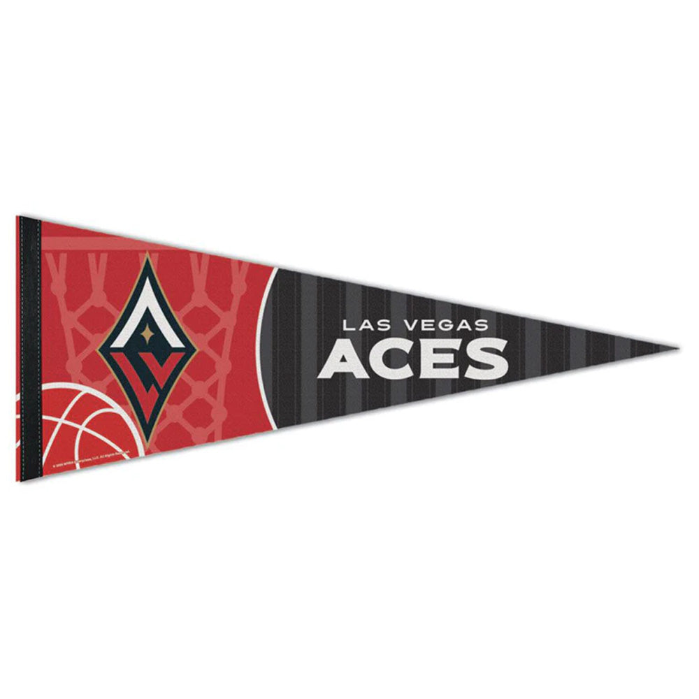 The WNBA Premium Felt Pennant showcases the Las Vegas Aces logo on a red patterned background, "Las Vegas Aces" in white on black, and a white basketball graphic—an ideal collectible for women's basketball fans.